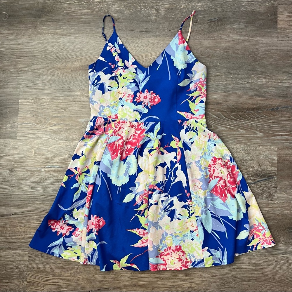 YUMI KIM Blue Floral A Line Spaghetti Strap Mini Dress Size Large